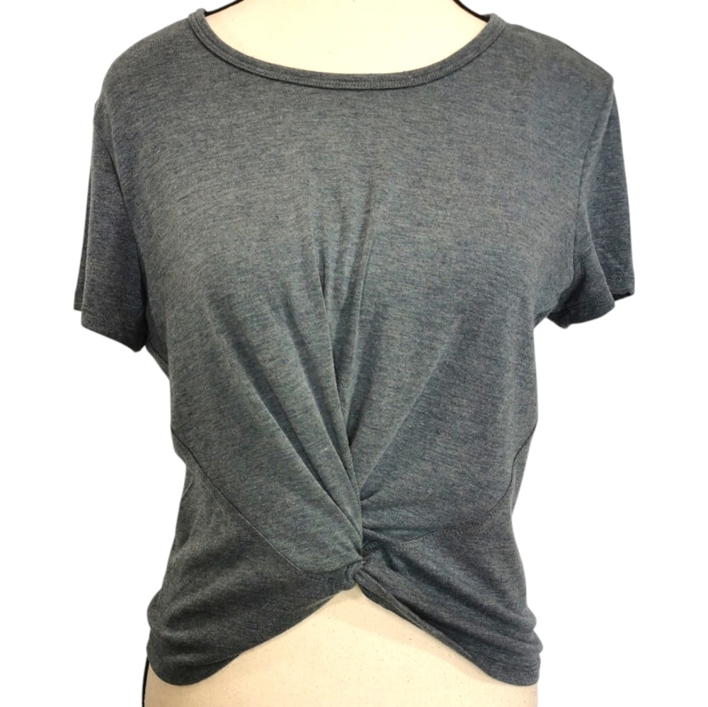 Yogalicious Twist Front Round Neck Short Sleeve Cropped Blue Tee - Sz M